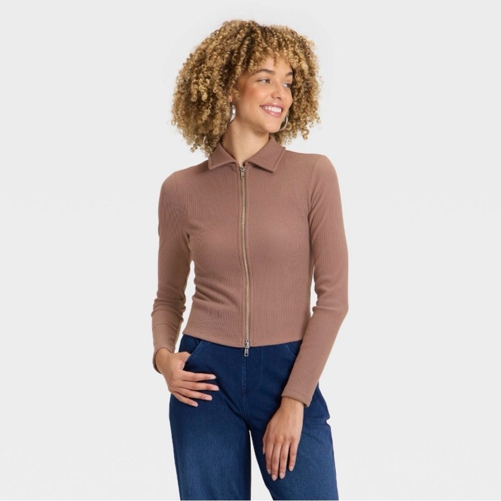 Brown Ribbed Zip-Up Jacket/Cardigan Large